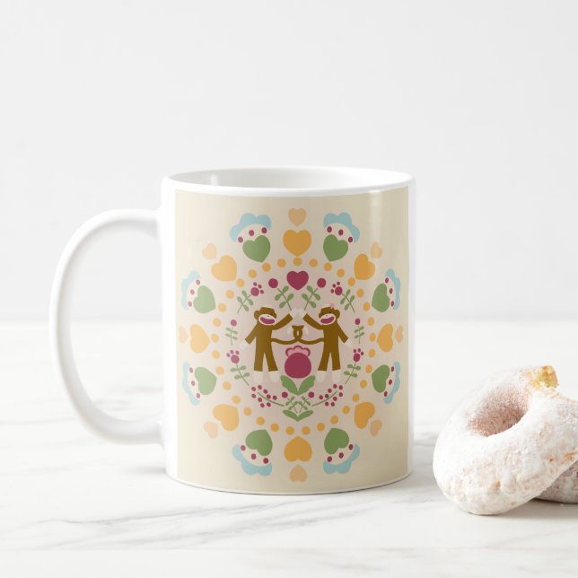 Sock Monkey Lovers in a Folk Garden Coffee Mug (With Donut)