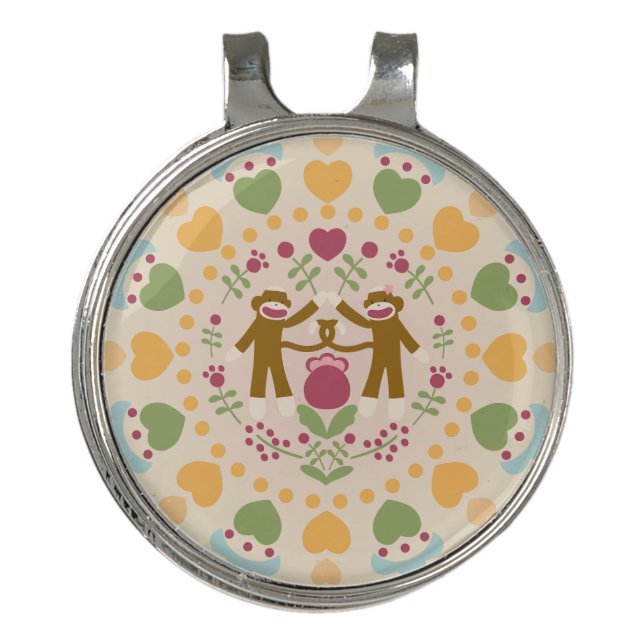 Sock Monkey Lovers in a Folk Garden Golf Hat Clip (Front)