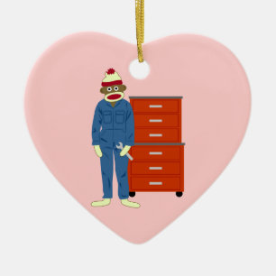 Sock Monkey Mechanic Ceramic Ornament