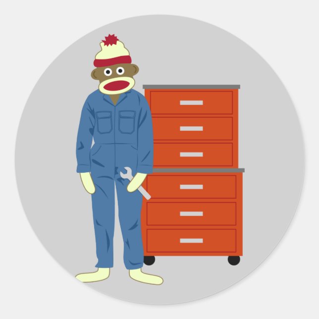Sock Monkey Mechanic Classic Round Sticker (Front)