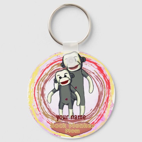 Sock Monkey Mom custom name  keychain 