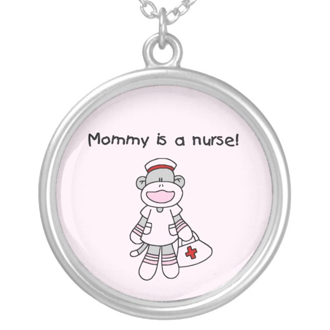 Sock Monkey Mommy Nurse T-shirts and Gifts Silver Plated Necklace (Front)