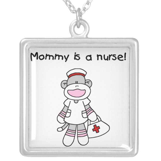 Sock Monkey Mommy Nurse T-shirts and Gifts Silver Plated Necklace (Front)