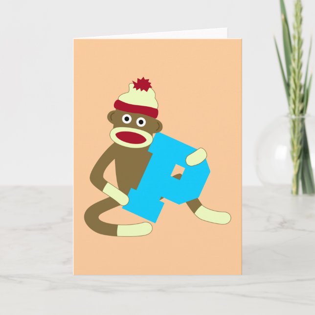 Sock Monkey Monogram Boy P Note Card (Front)
