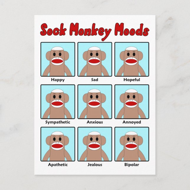 Sock Monkey Moods Postcard (Front)