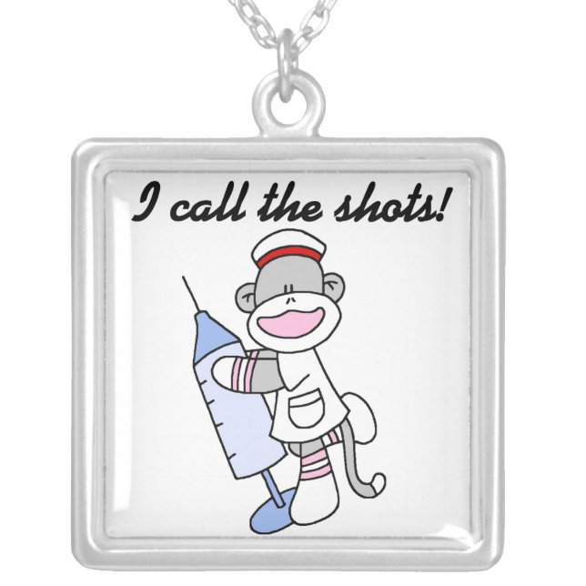 Sock Monkey Nurse I Call the Shots Gifts Silver Plated Necklace (Front)