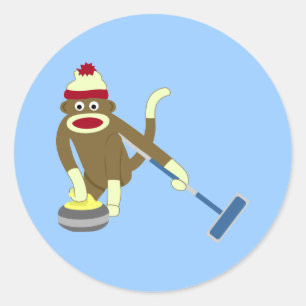 Sock Monkey Olympic Curling Classic Round Sticker