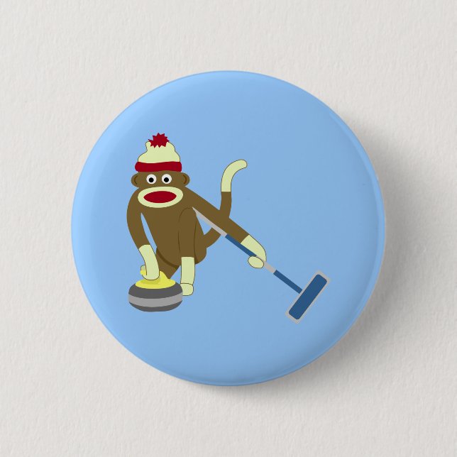 Sock Monkey Olympic Curling Pinback Button (Front)