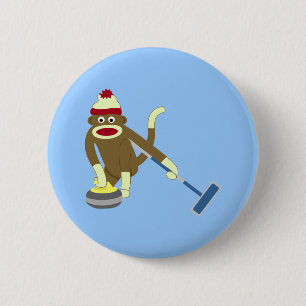 Sock Monkey Olympic Curling Pinback Button