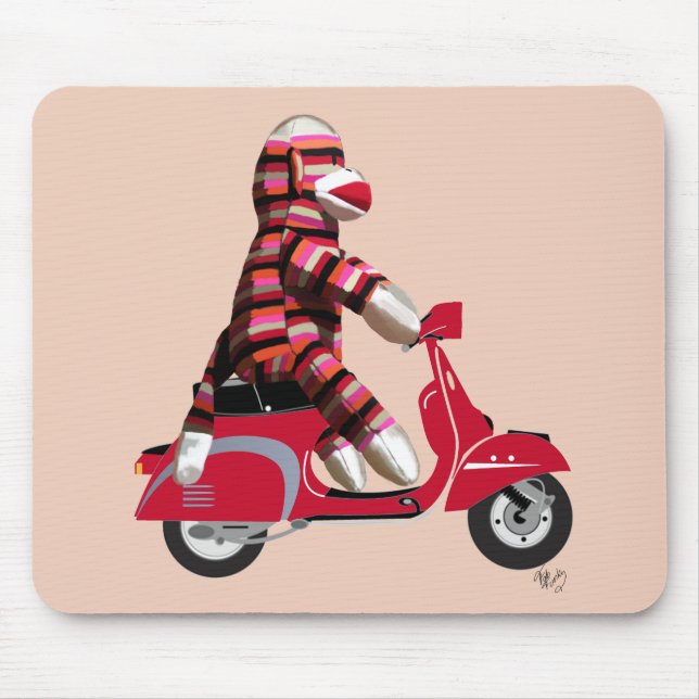 Sock Monkey on Red Moped Mouse Pad (Front)