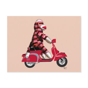 Sock Monkey on Red Moped Postcard