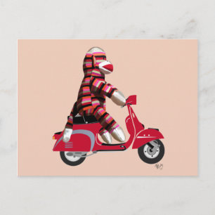 Sock Monkey on Red Moped Postcard