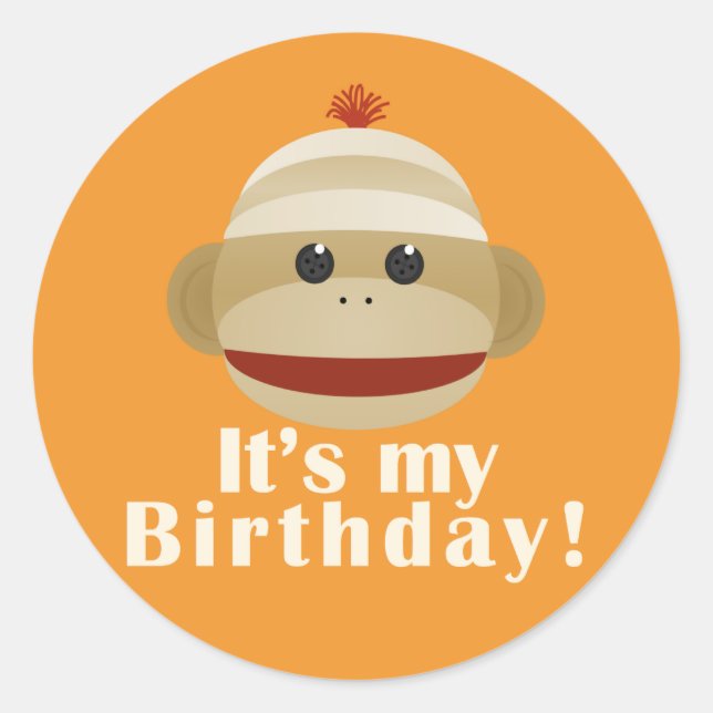 Sock Monkey Orange Birthday Stickers Kelly Schwark (Front)
