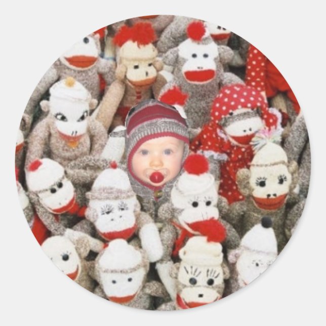 Sock Monkey Party Classic Round Sticker (Front)