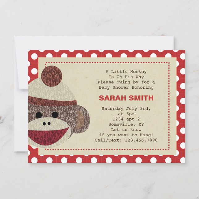 Sock Monkey party Invite-polka dots border Invitation (Front)