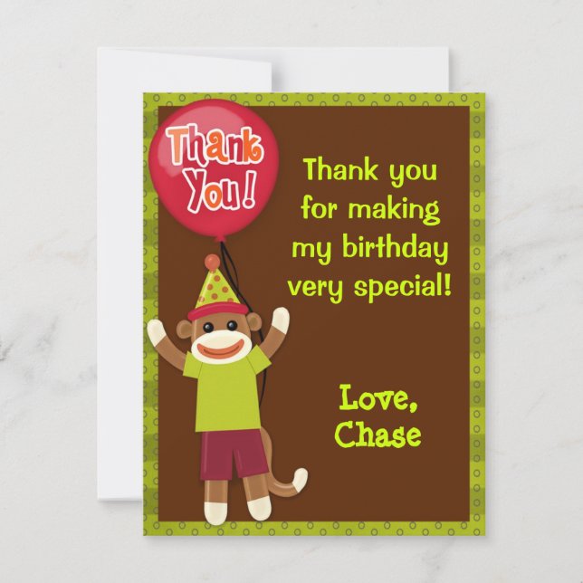 Sock Monkey Party Thank You Card (Front)