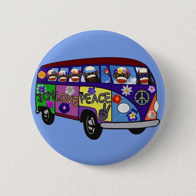Sock Monkey Peace Bus  Button (Front)
