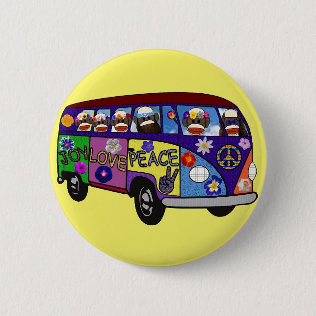 Sock Monkey Peace Bus  Button (Front)
