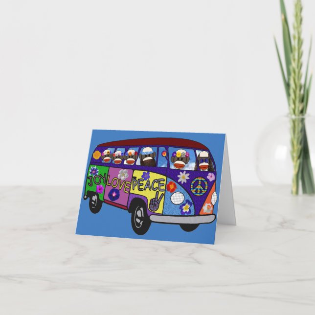 Sock Monkey Peace Bus  Letterpress Thank You Card (Front)