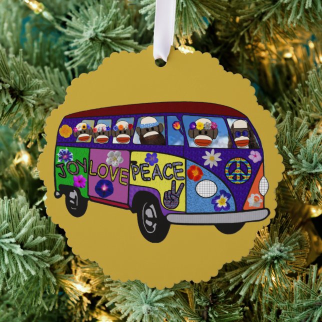 Sock Monkey Peace Bus  Ornament Card (Insitu (Tree))