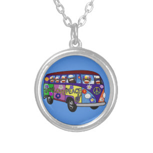 Sock Monkey Peace Bus Postcard Silver Plated Necklace