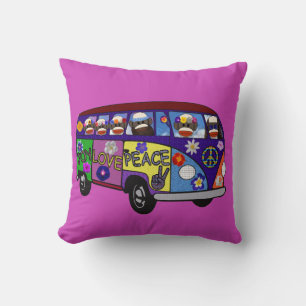 Sock Monkey Peace Bus  Throw Pillow