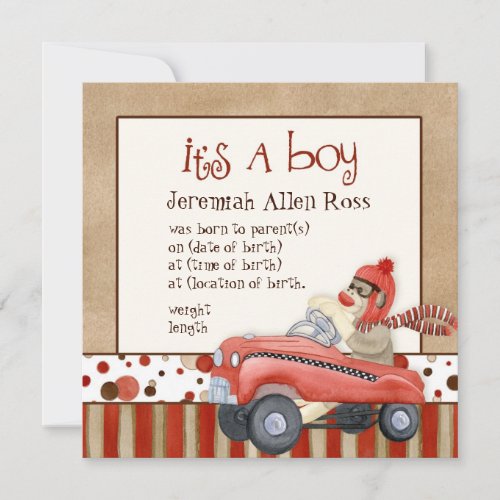 Sock Monkey Pedal Car Boy Baby Birth Announcement