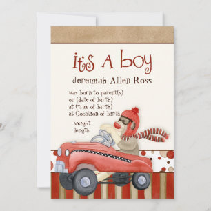 Sock Monkey Pedal Car, Boy Baby Birth Announcement
