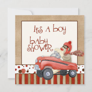 Sock Monkey Pedal Car, Boy Baby Shower Invitation