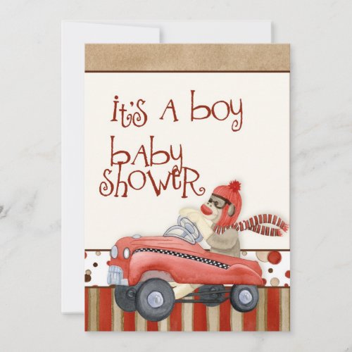 Sock Monkey Pedal Car Boy Baby Shower Invitation