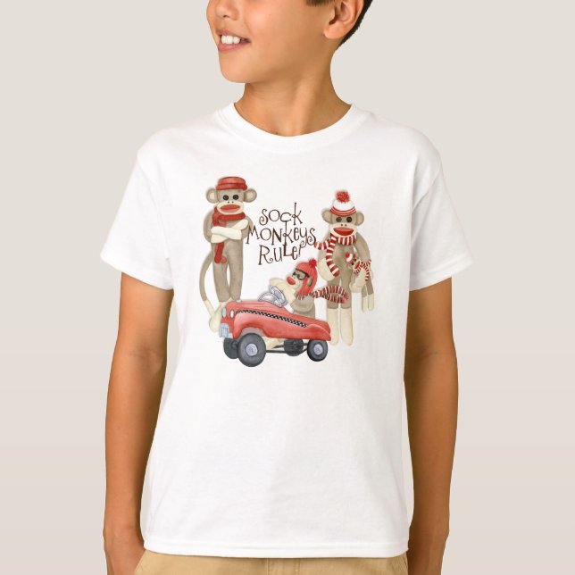 Sock Monkey Pedal Car, Sock Monkeys Rule T Shirt (Front)