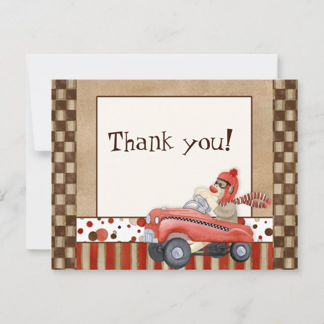 Sock Monkey Pedal Car, Thank You Note Cards (Front)