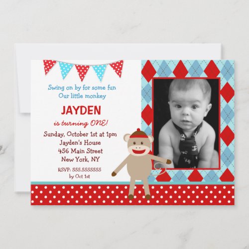 Sock Monkey Photo Birthday Invitations