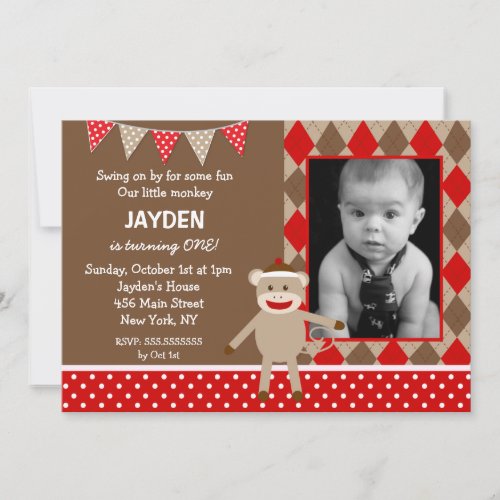 Sock Monkey Photo Birthday Invitations