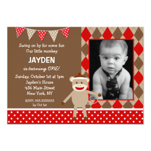 Sock Monkey Photo Birthday Invitations 7