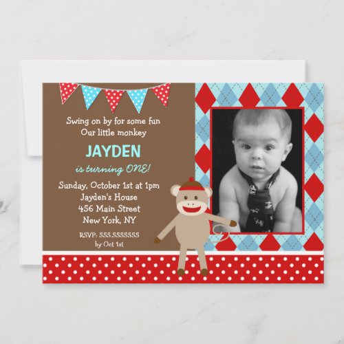 Sock Monkey Photo Birthday Party Invitations