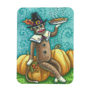 SOCK MONKEY PILGRIM & PIE, THANKSGIVING MAGNET