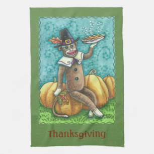 SOCK MONKEY PILGRIM, THANKSGIVING KITCHEN TOWEL