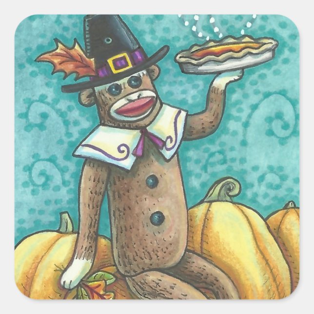 SOCK MONKEY PILGRIM THANKSGIVING STICKER SHEET Squ (Front)