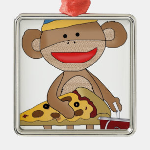 Sock monkey pizza and a soda metal ornament