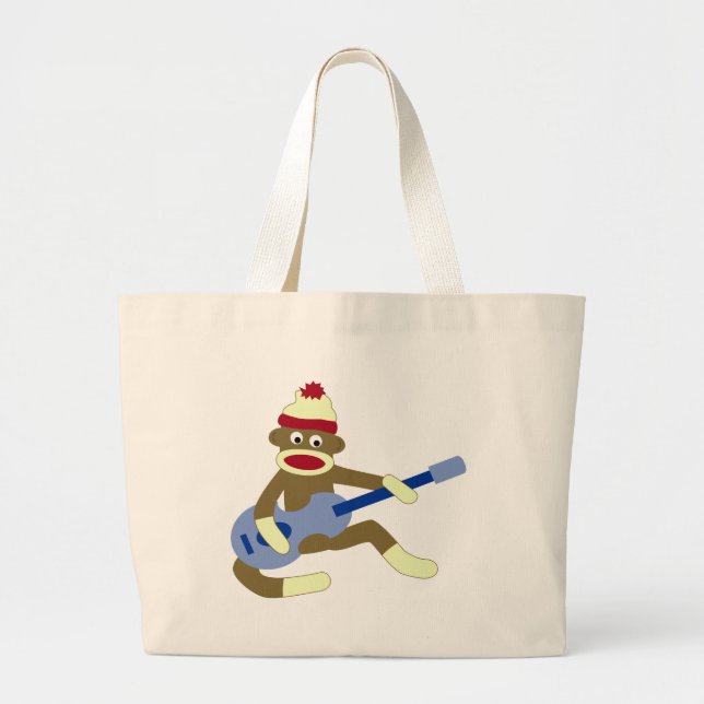 Sock Monkey Playing Blue Guitar Large Tote Bag (Front)