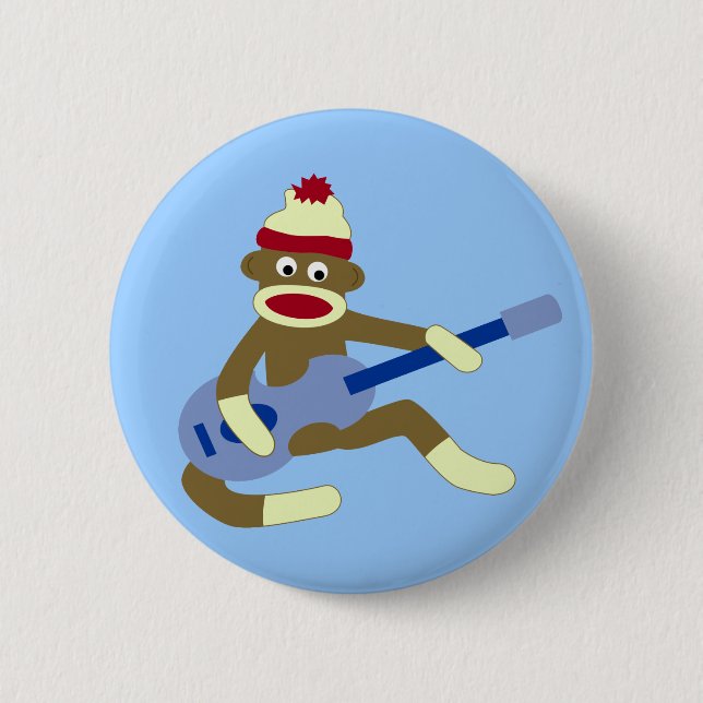 Sock Monkey Playing Blue Guitar Pinback Button (Front)