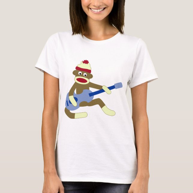 Sock Monkey Playing Blue Guitar T-Shirt (Front)
