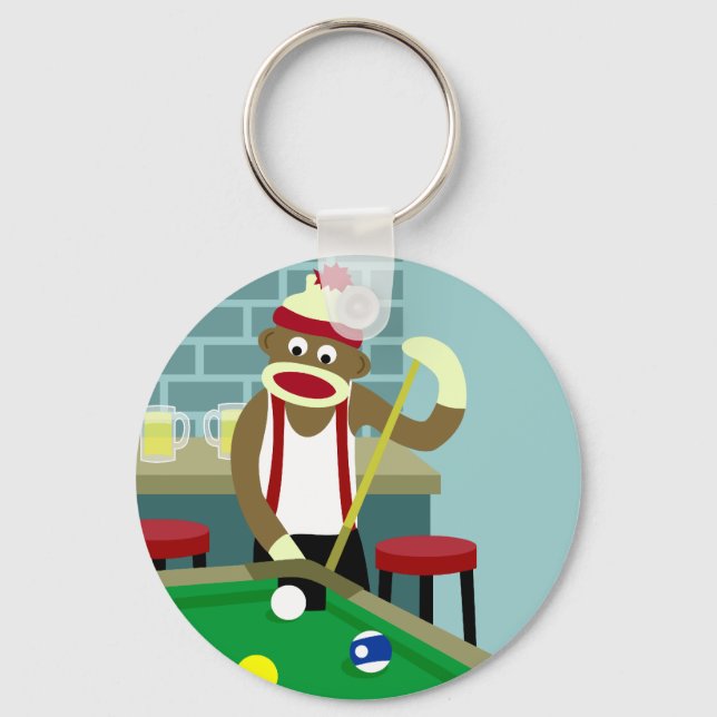 Sock Monkey Pool Billiards Player Keychain (Front)