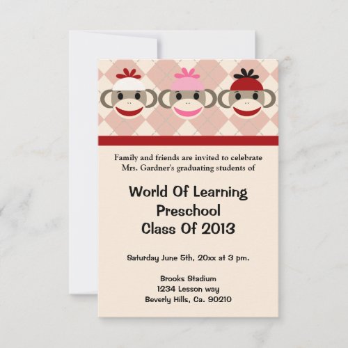 Sock Monkey Preschool Or Kindergarten Graduation Custom Invites