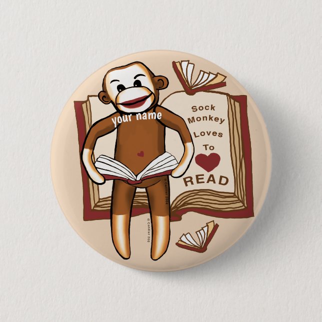 Sock Monkey Reading pin button (Front)