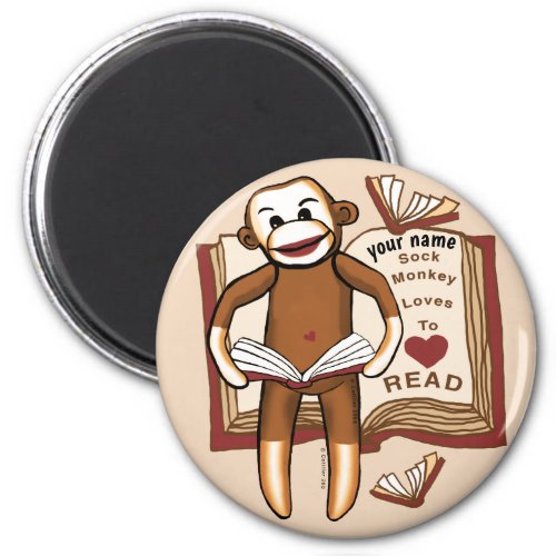 Sock Monkey Reads custom name Magnet