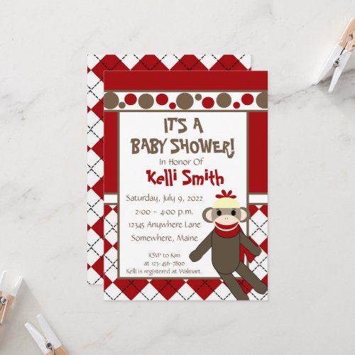 Sock Monkey Red and White Baby Shower Invitations