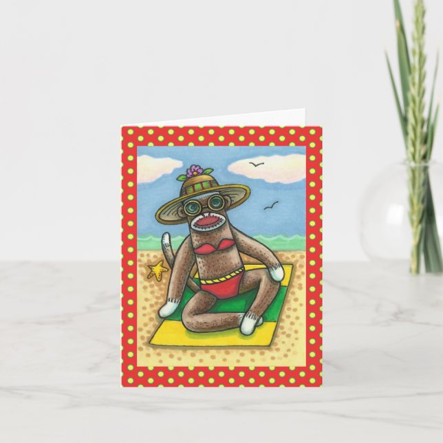 SOCK MONKEY RED BIKINI, AT THE BEACH CARTOON Funny Card (Front)