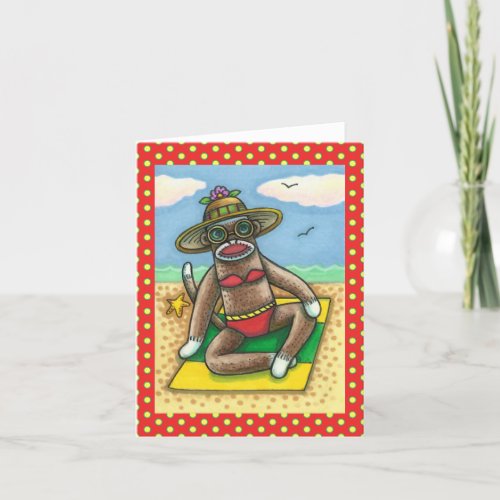 SOCK MONKEY RED BIKINI AT THE BEACH CARTOON Funny Card